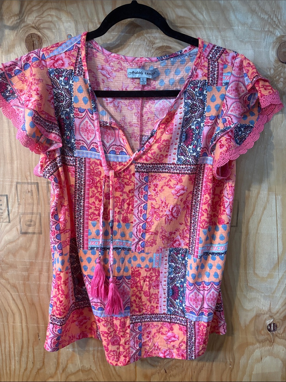 Absolutely Famous Pink & Coral Patchwork Tassel Flutter Sleeve Top